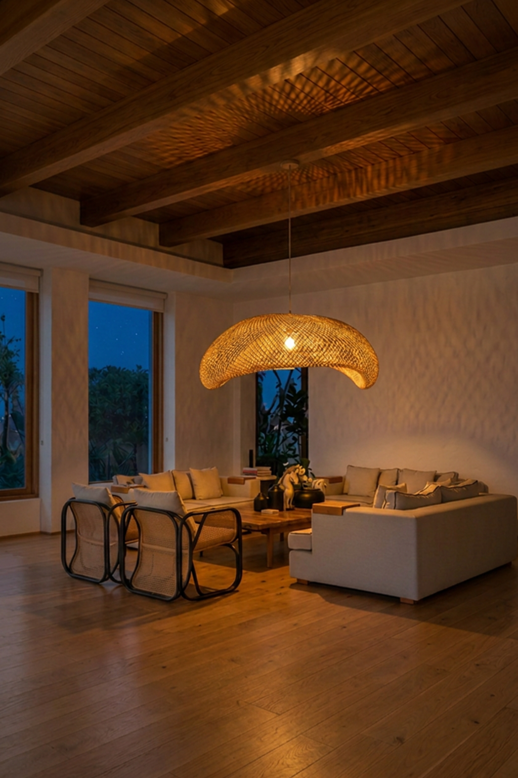 XL arch wavy pendant hanging over living room