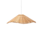 Wide flat rattan pendant with a leaf-like woven shade shown on a white background