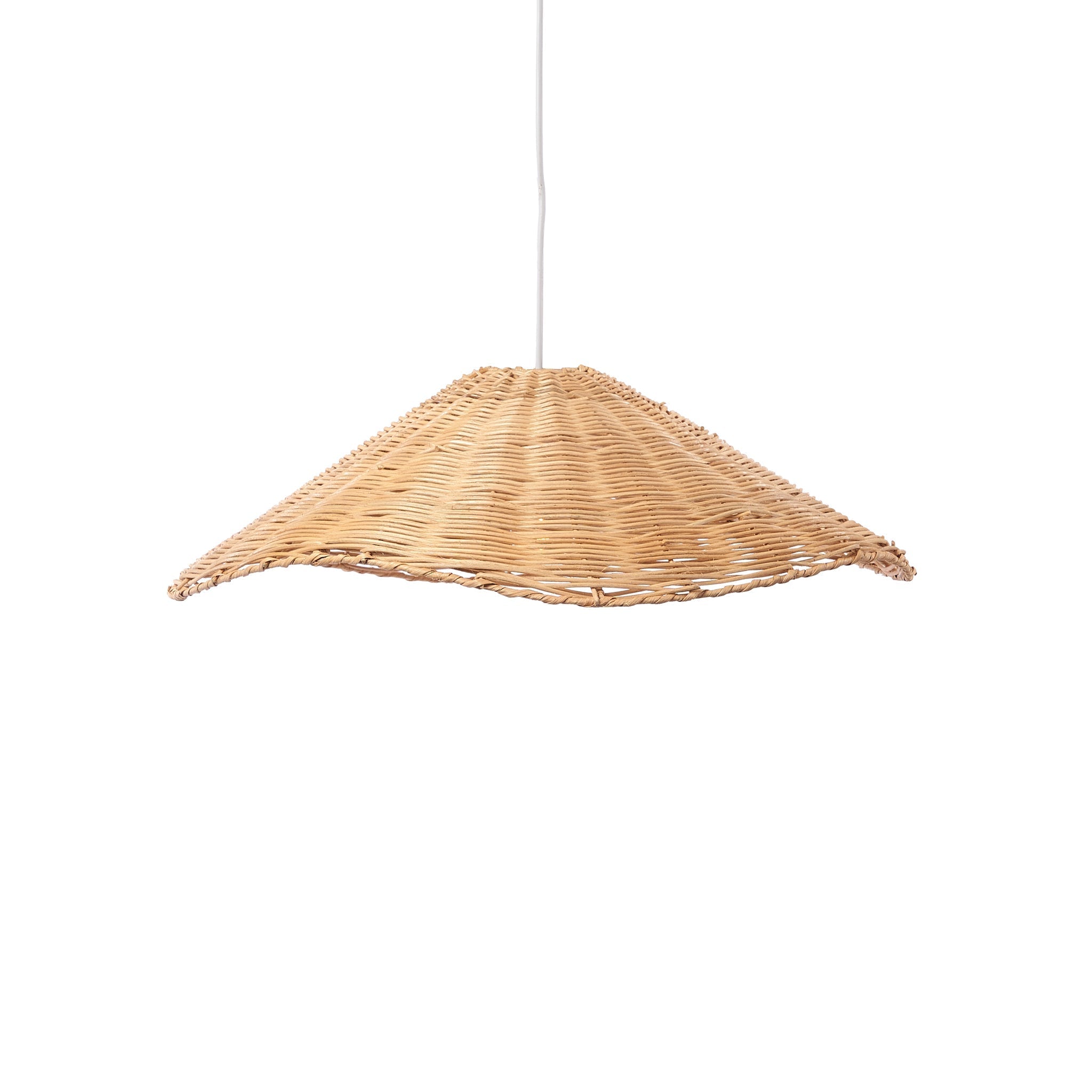 Wide flat rattan pendant with a leaf-like woven shade shown on a white background