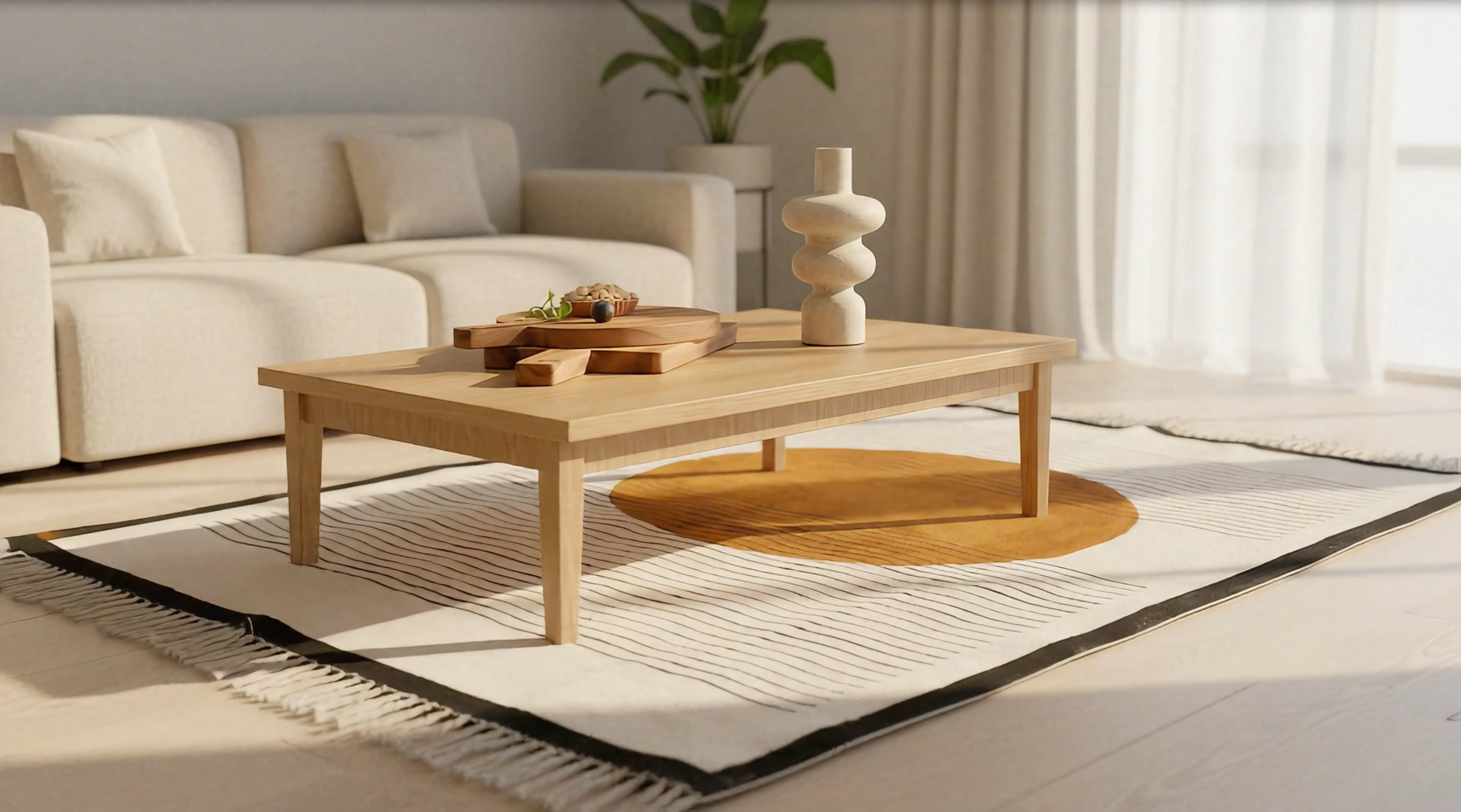 Styled living room with handcrafted wooden serving board, decorative vase, and woven area rug