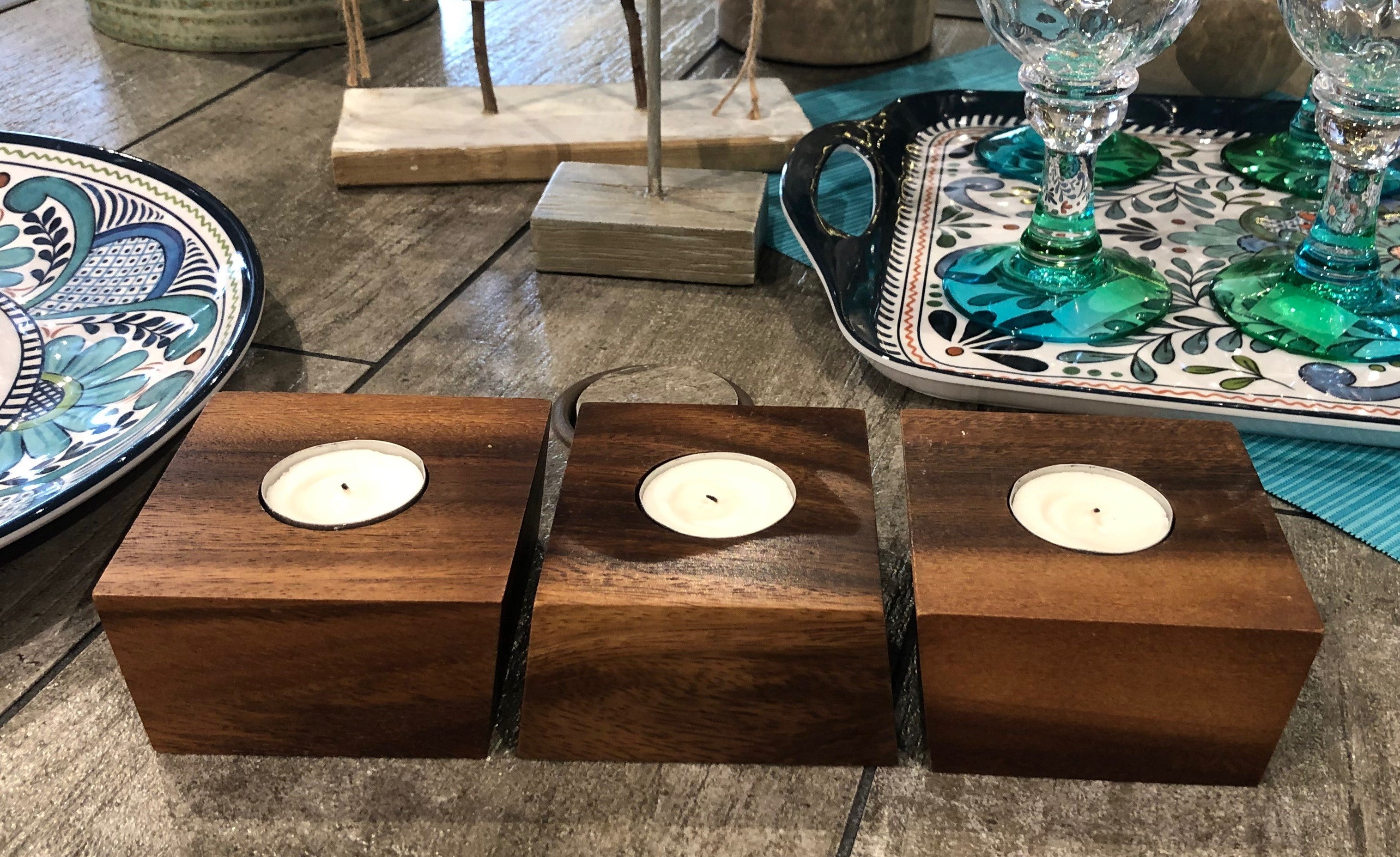 Acacia Wood Candle Holder Set