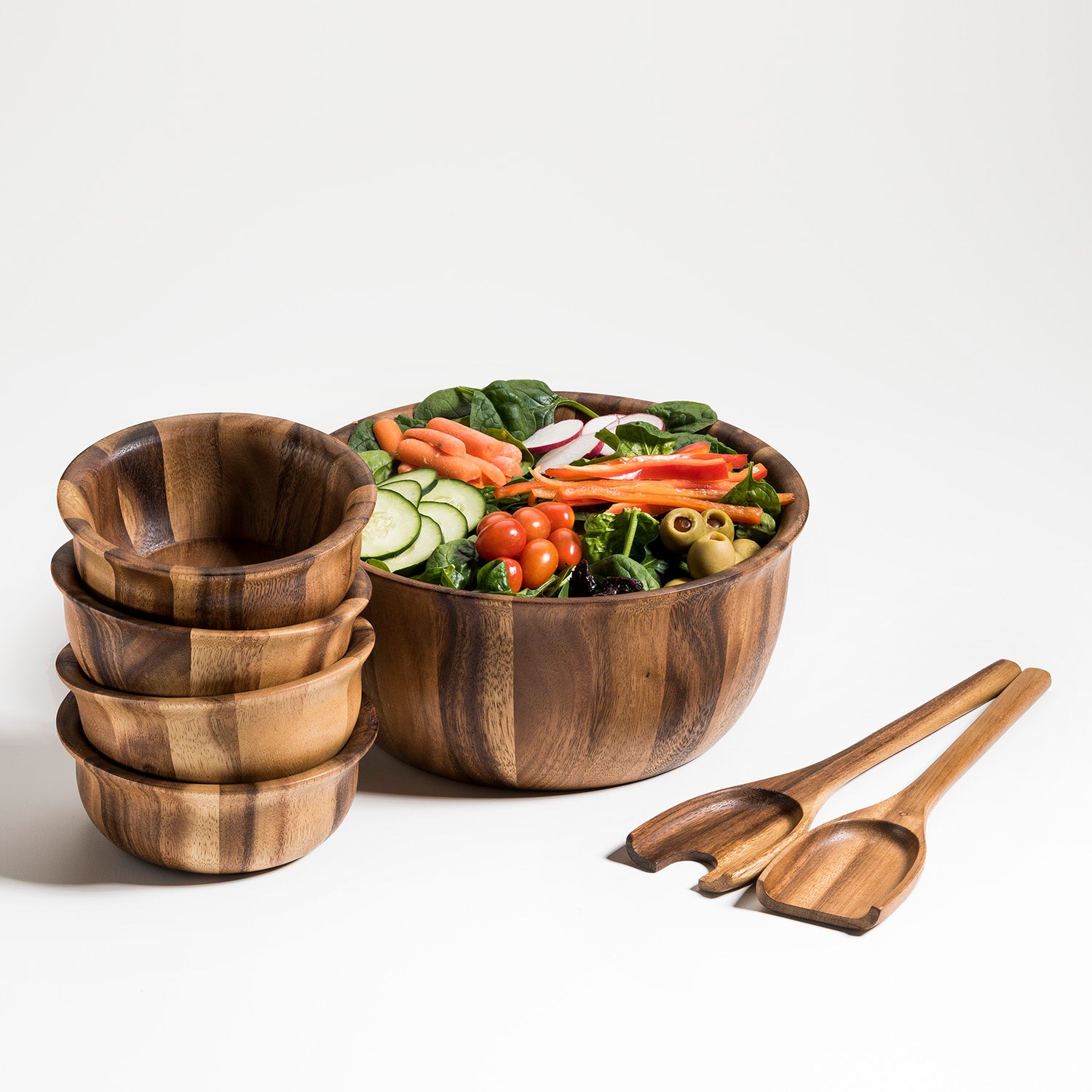 Acacia Wood Large Salad Bowl with Servers & 4 Individual Bowls