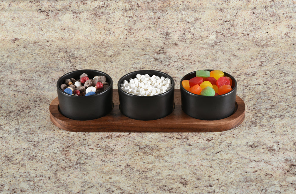Acacia Wood Black Ceramic Condiment Set