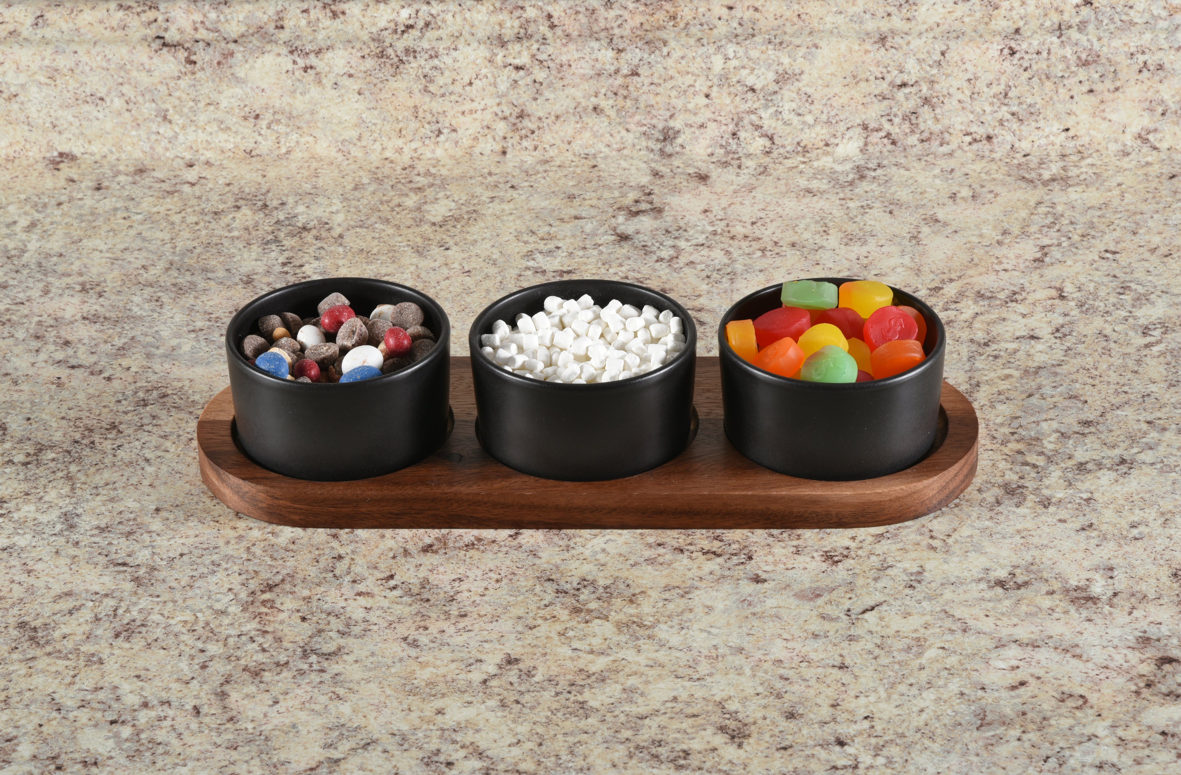 Acacia Wood Black Ceramic Condiment Set