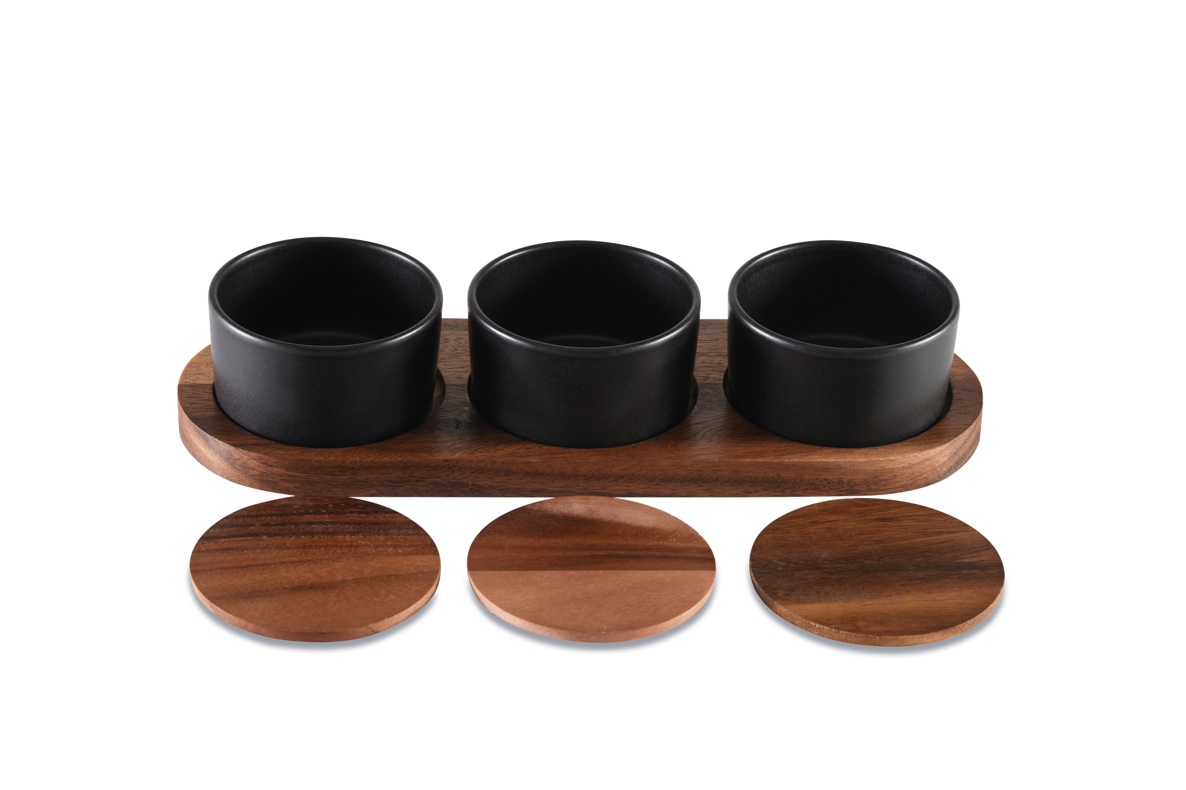 Acacia Wood Black Ceramic Condiment Set