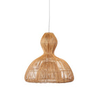 Rounded mushroom-bell rattan pendant with open weave shown unlit on a white background

