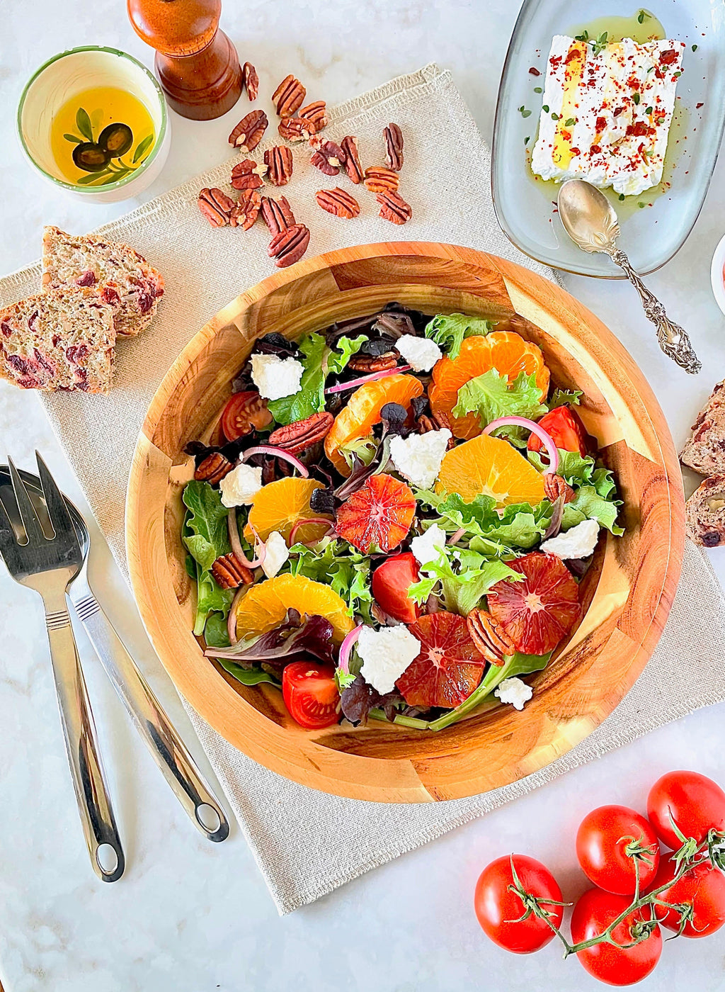 Acacia Wood Large Round Salad Bowl 10" Set of 6