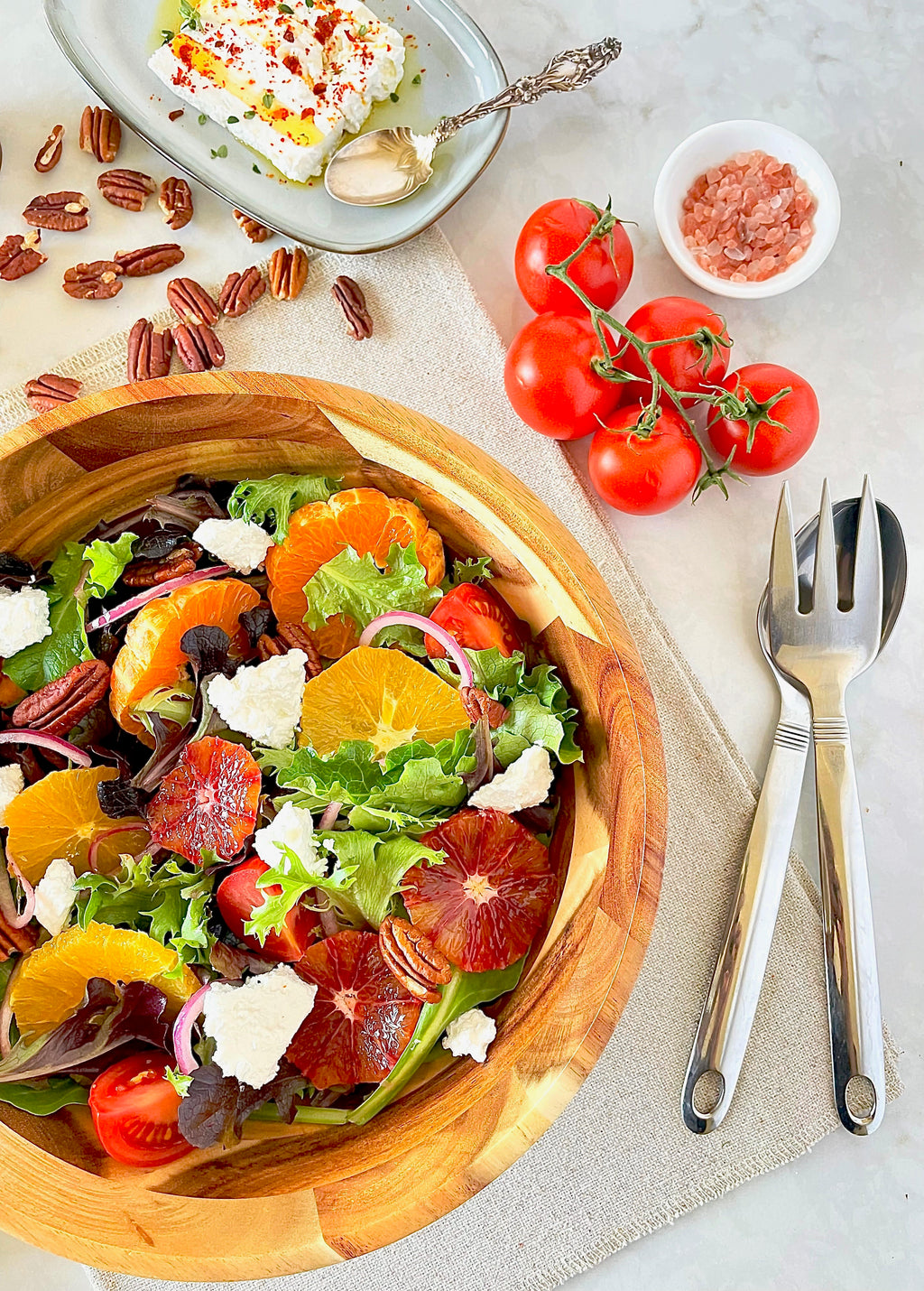 Acacia Wood Large Round Salad Bowl 10" Set of 6