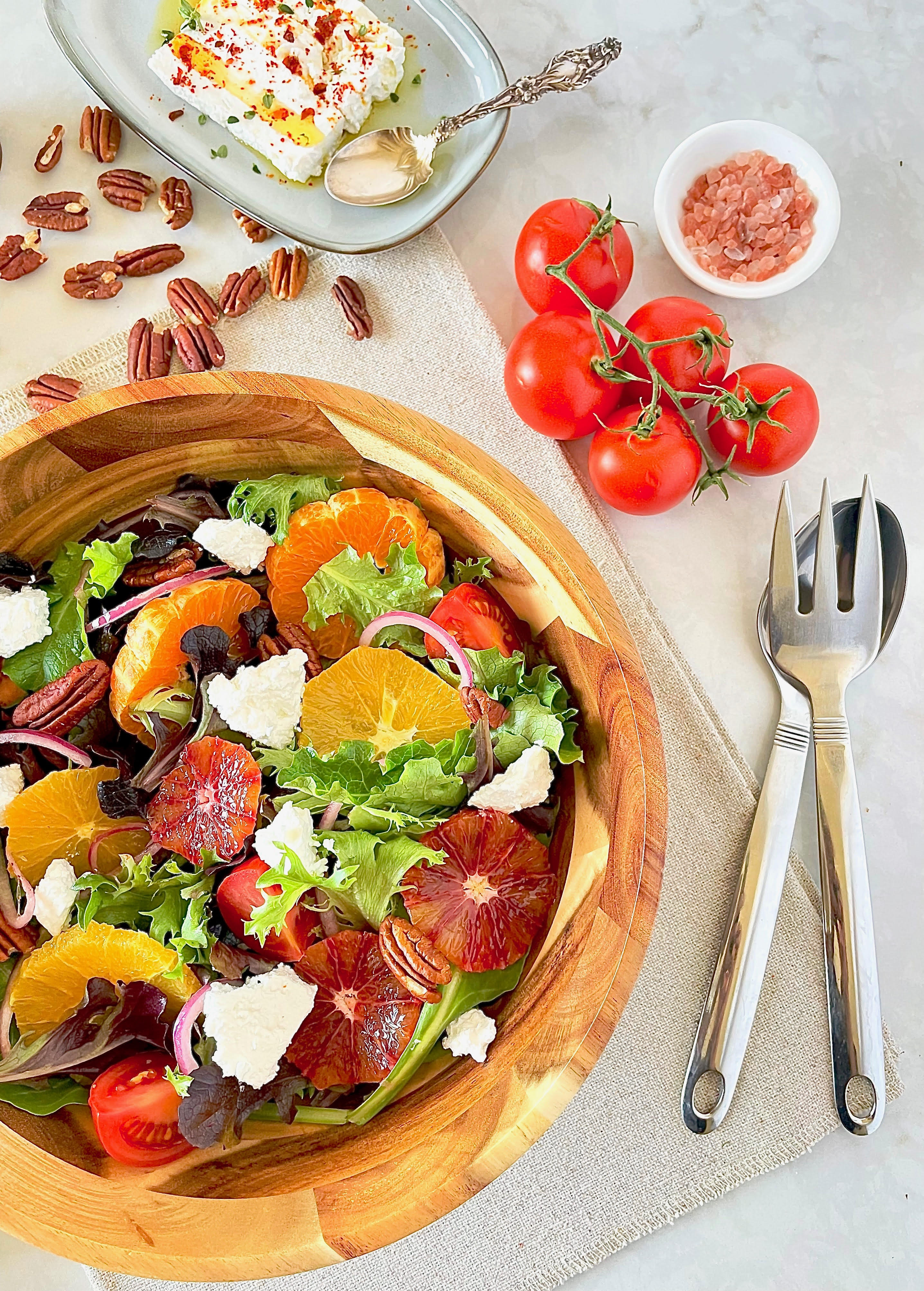 Acacia Wood Large Round Salad Bowl 10" Set of 6