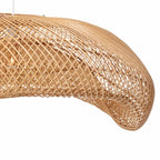 Elongated woven rattan pendant shade showing its gentle arched wave shape